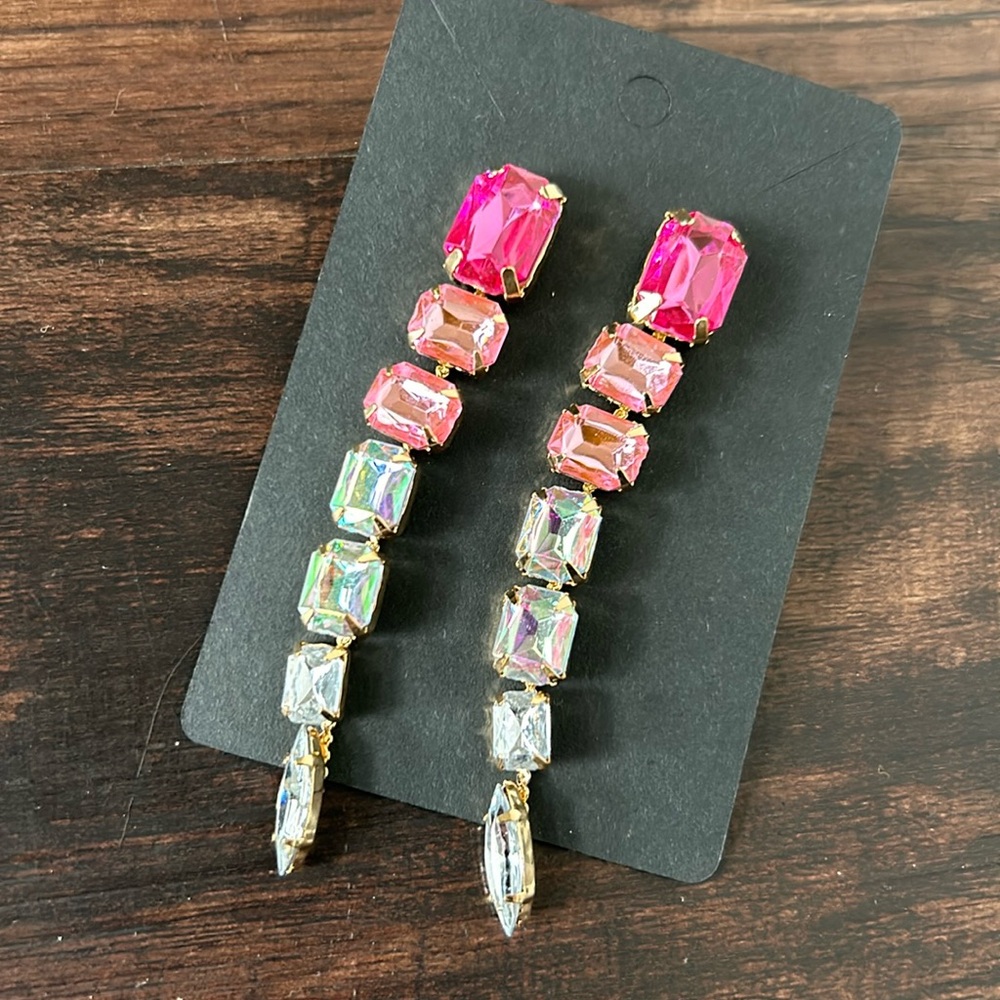 Gold Pink Mystical Iridescence Crystal Drop Long Statement Earrings quinceañera